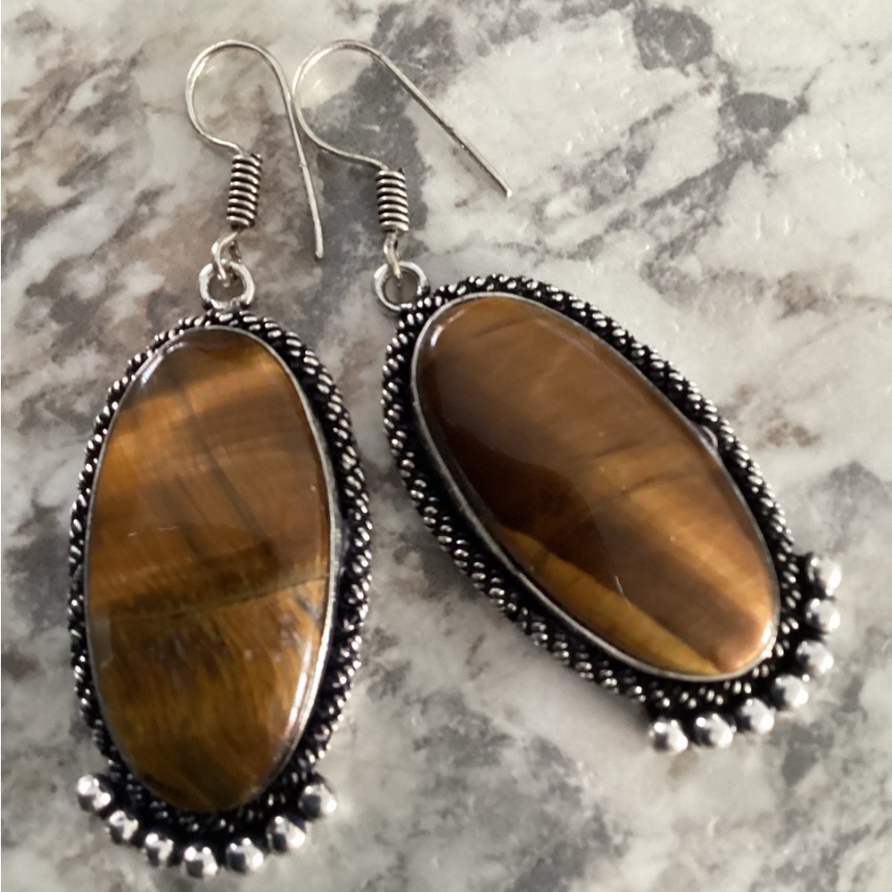 Elegant Tiger’s Eye Stone Oval Earrings with Silver Accents